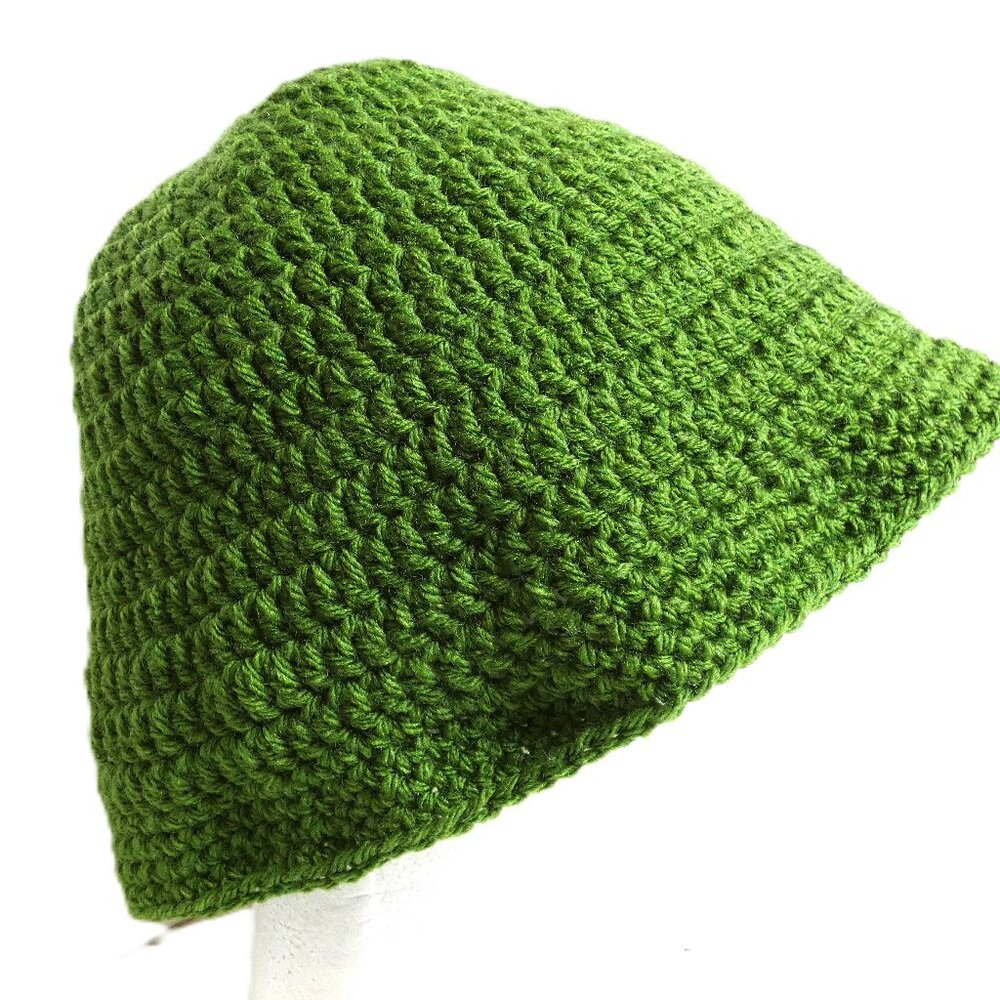 Dark Green Bucket Hat OS Handmade Crochet Hand Knit Roll Up Beanie Spring Garden